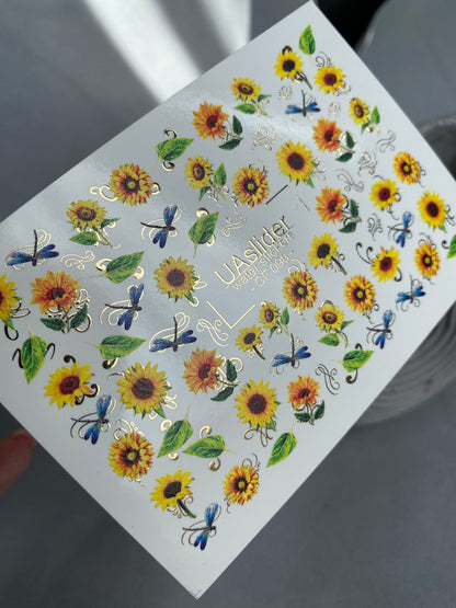 Nail Water Decal CF-098 | Sunflower Nail Stickers with Dragonflies | Yellow Floral Water Slide Decals with Gold Foil