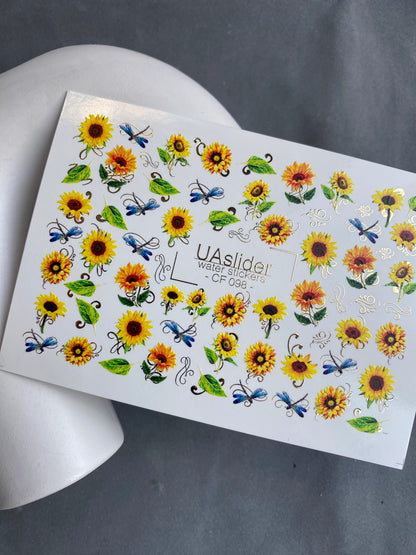 Nail Water Decal CF-098 | Sunflower Nail Stickers with Dragonflies | Yellow Floral Water Slide Decals with Gold Foil