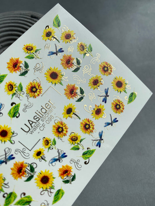 Nail Water Decal CF-098 | Sunflower Nail Stickers with Dragonflies | Yellow Floral Water Slide Decals with Gold Foil