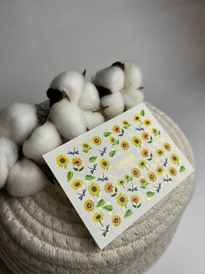 Nail Water Decal CF-098 | Sunflower Nail Stickers with Dragonflies | Yellow Floral Water Slide Decals with Gold Foil