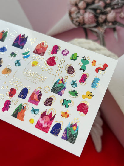 Nail Water Decal CF-099 | Abstract Nail Stickers with Colorful Shapes | Modern Water Slide Decals with Gold Foil