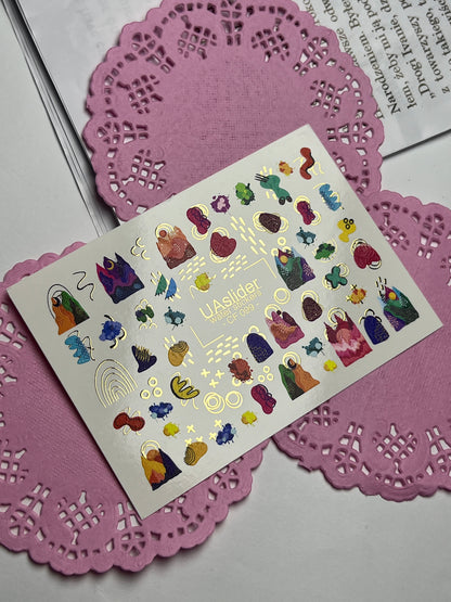 Nail Water Decal CF-099 | Abstract Nail Stickers with Colorful Shapes | Modern Water Slide Decals with Gold Foil