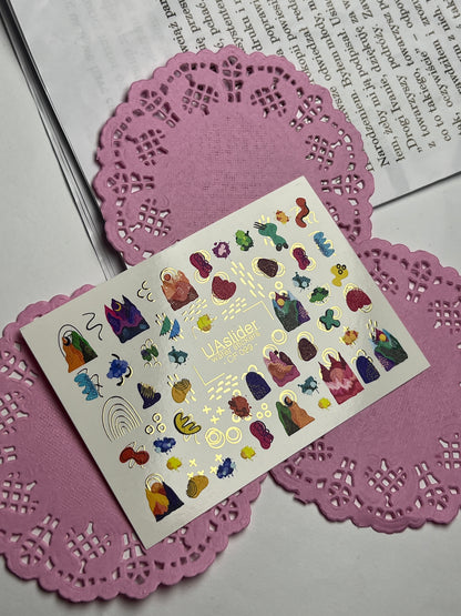 Nail Water Decal CF-099 | Abstract Nail Stickers with Colorful Shapes | Modern Water Slide Decals with Gold Foil