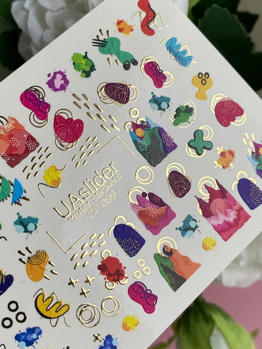 Nail Water Decal CF-099 | Abstract Nail Stickers with Colorful Shapes | Modern Water Slide Decals with Gold Foil