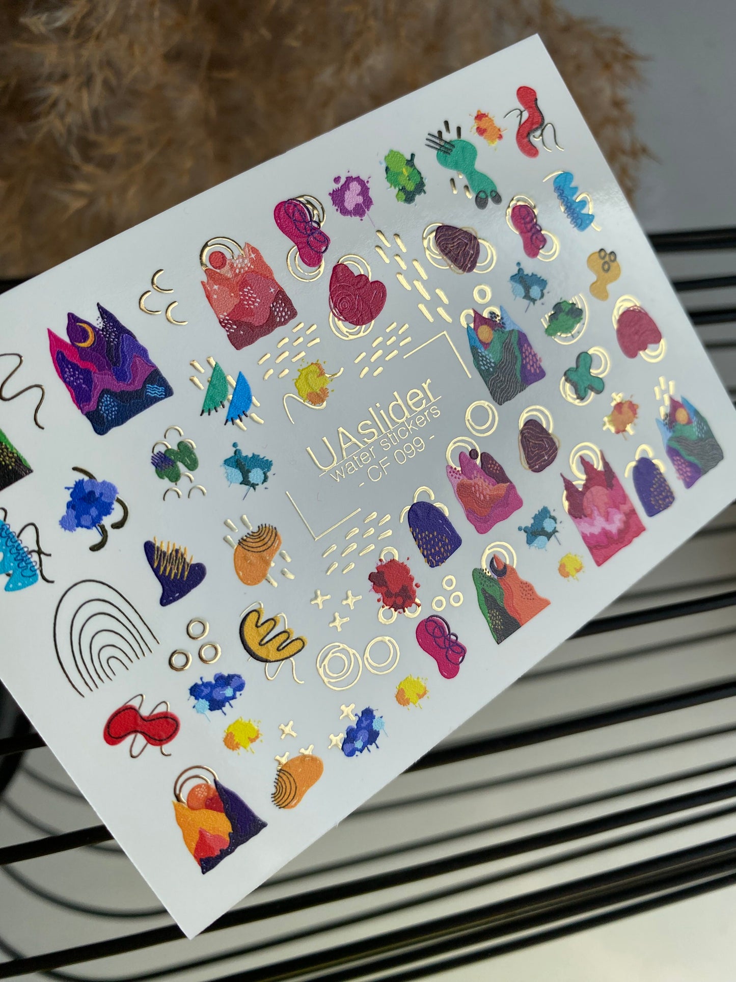 Nail Water Decal CF-099 | Abstract Nail Stickers with Colorful Shapes | Modern Water Slide Decals with Gold Foil