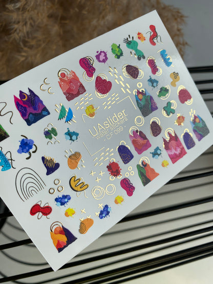 Nail Water Decal CF-099 | Abstract Nail Stickers with Colorful Shapes | Modern Water Slide Decals with Gold Foil