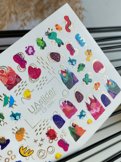 Nail Water Decal CF-099 | Abstract Nail Stickers with Colorful Shapes | Modern Water Slide Decals with Gold Foil