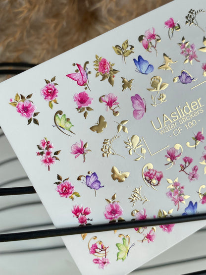 Nail Water Decal CF-100 | Abstract Nail Stickers with Colorful Shapes | Modern Water Slide Decals with Gold Foil