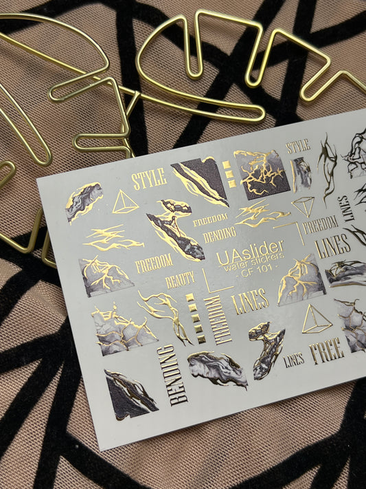 Nail Water Decal CF-101 | Marble Nail Stickers with Gold Lines | Abstract Water Slide Decals