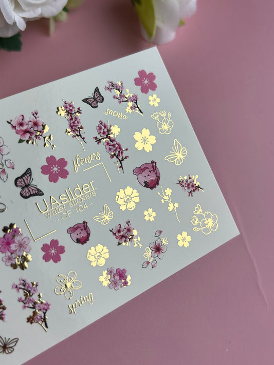 Nail Water Decal CF-104 | Sakura Blossom Nail Stickers | Cherry Flower & Butterfly Water Slide Decals