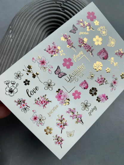Nail Water Decal CF-104 | Sakura Blossom Nail Stickers | Cherry Flower & Butterfly Water Slide Decals