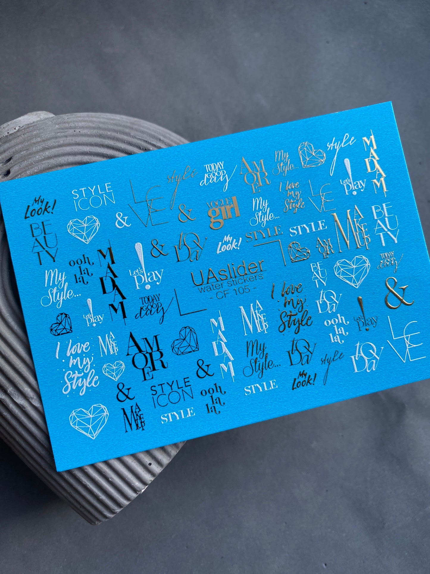 Nail Water Decal CF-105 | Minimalist Lettering Nail Stickers | Gold & White Typography Water Decals