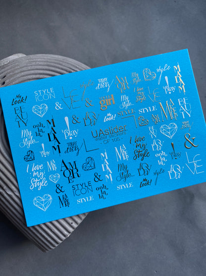 Nail Water Decal CF-105 | Minimalist Lettering Nail Stickers | Gold & White Typography Water Decals