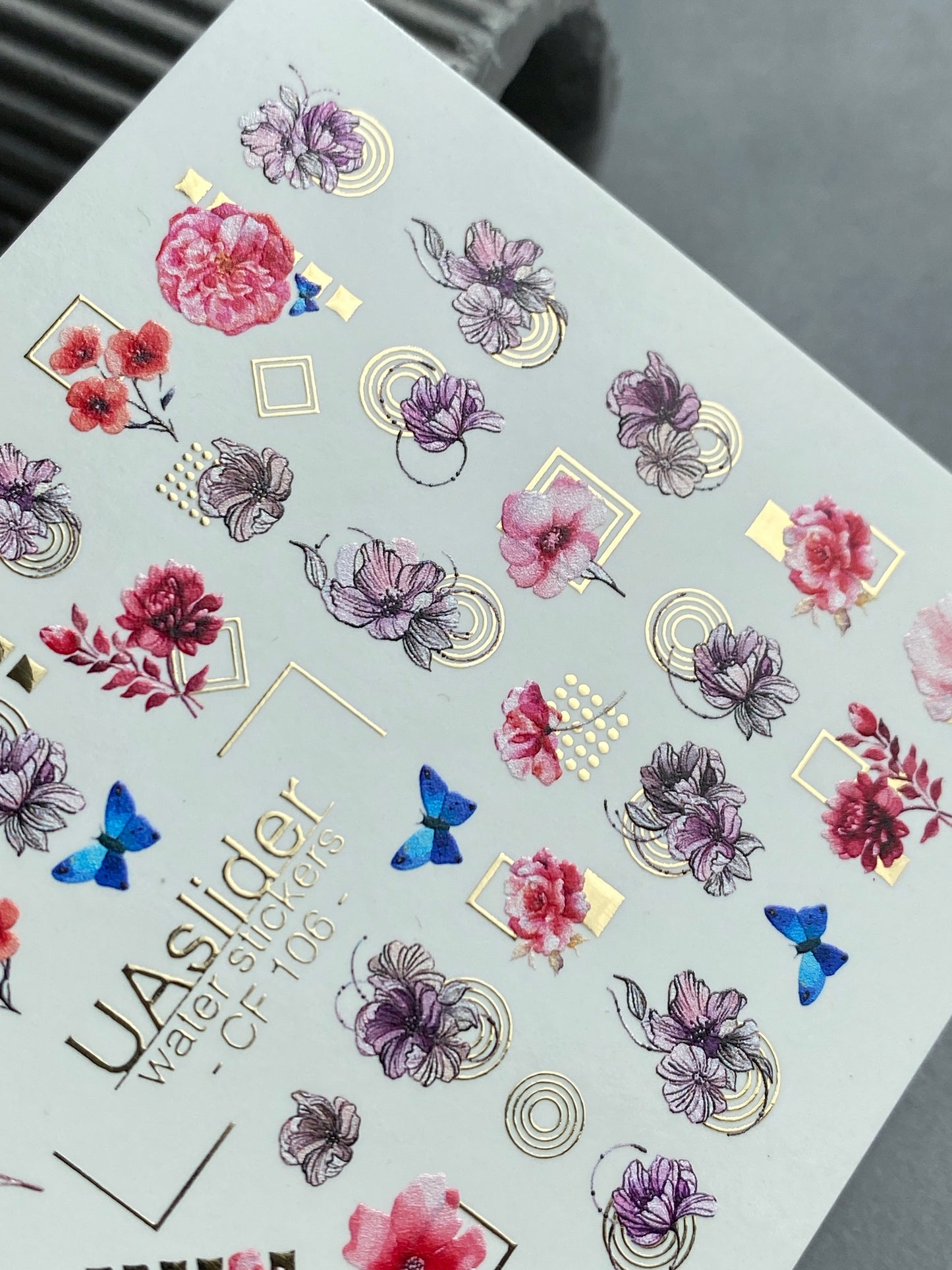 Nail Water Decal CF-106 | Floral Nail Stickers | Pink & Purple Flowers with Geometric Gold Accents and Butterflies