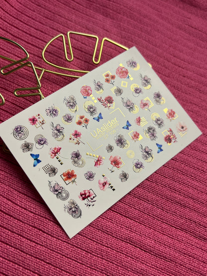 Nail Water Decal CF-106 | Floral Nail Stickers | Pink & Purple Flowers with Geometric Gold Accents and Butterflies