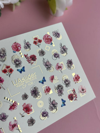 Nail Water Decal CF-106 | Floral Nail Stickers | Pink & Purple Flowers with Geometric Gold Accents and Butterflies