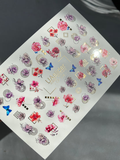 Nail Water Decal CF-106 | Floral Nail Stickers | Pink & Purple Flowers with Geometric Gold Accents and Butterflies