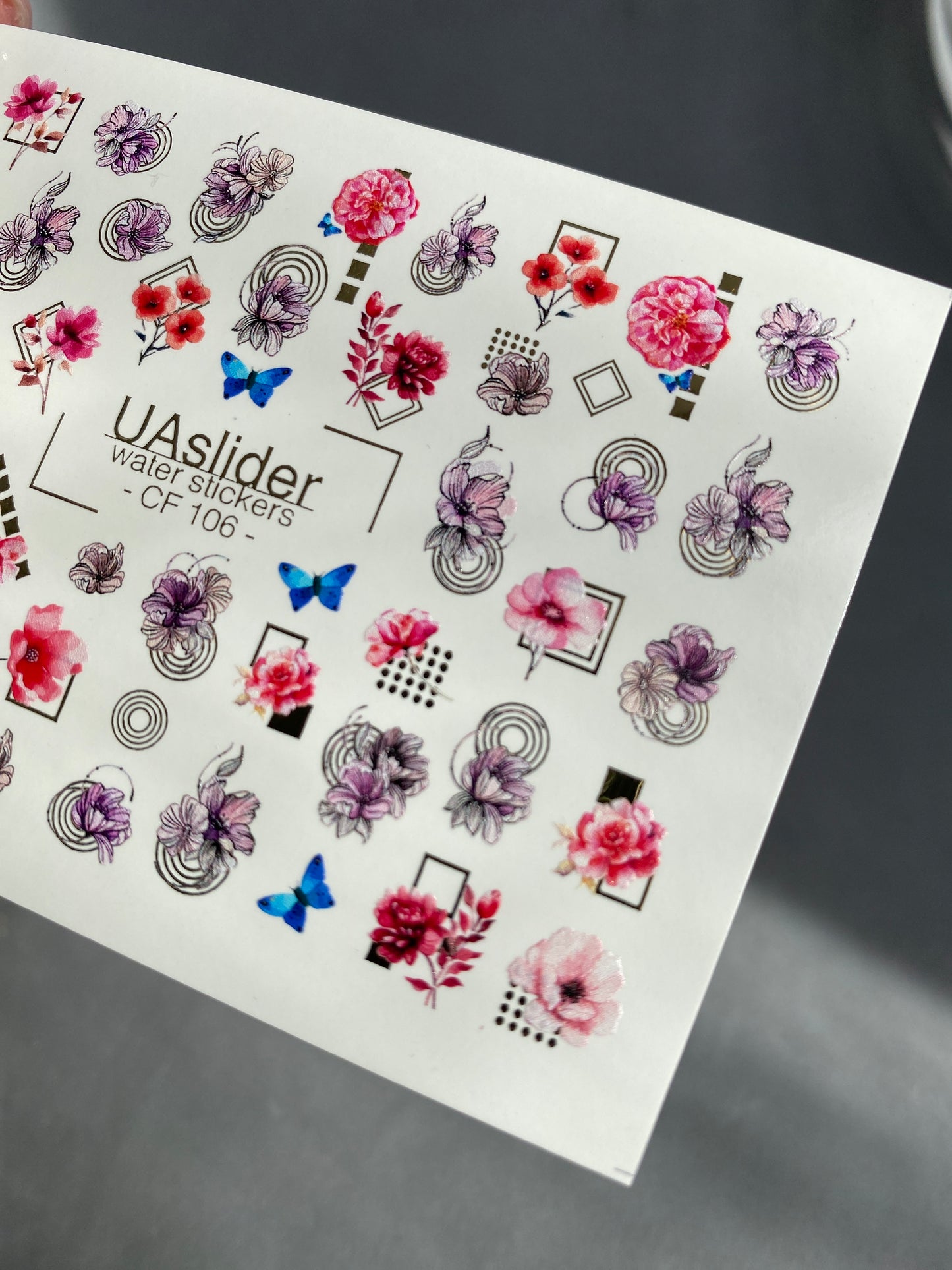 Nail Water Decal CF-106 | Floral Nail Stickers | Pink & Purple Flowers with Geometric Gold Accents and Butterflies
