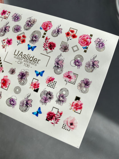 Nail Water Decal CF-106 | Floral Nail Stickers | Pink & Purple Flowers with Geometric Gold Accents and Butterflies