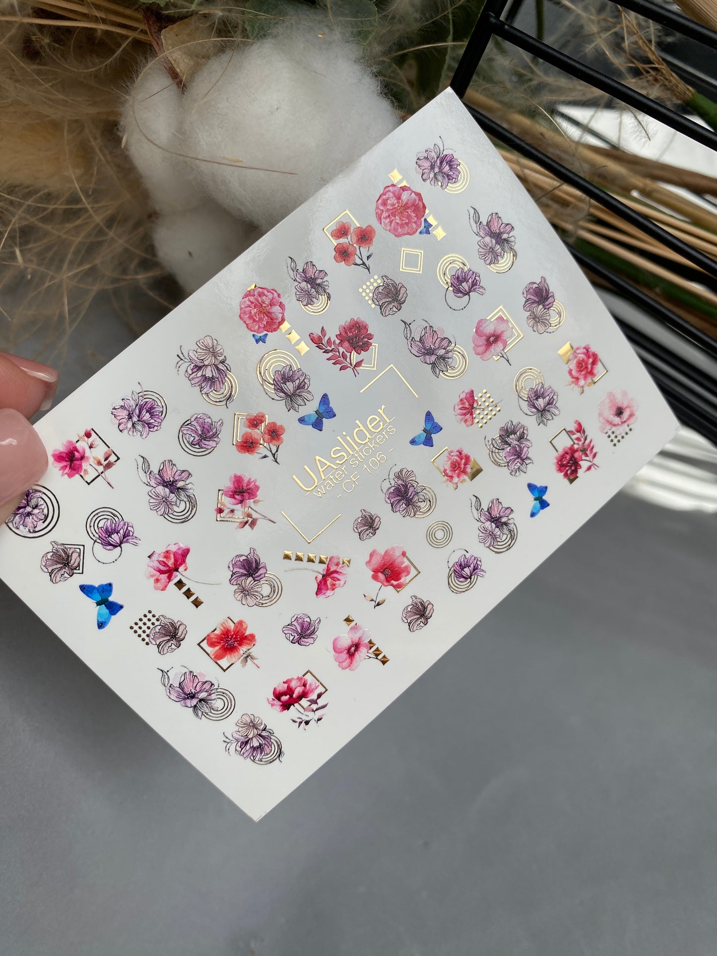 Nail Water Decal CF-106 | Floral Nail Stickers | Pink & Purple Flowers with Geometric Gold Accents and Butterflies