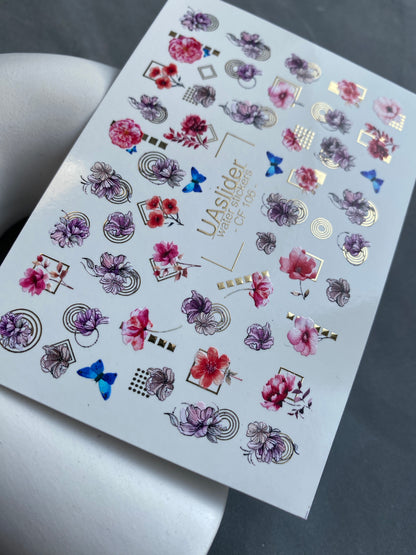 Nail Water Decal CF-106 | Floral Nail Stickers | Pink & Purple Flowers with Geometric Gold Accents and Butterflies