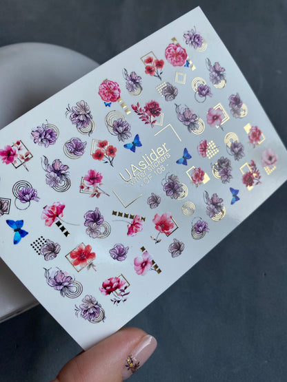 Nail Water Decal CF-106 | Floral Nail Stickers | Pink & Purple Flowers with Geometric Gold Accents and Butterflies