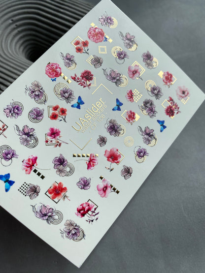 Nail Water Decal CF-106 | Floral Nail Stickers | Pink & Purple Flowers with Geometric Gold Accents and Butterflies