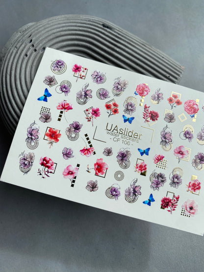 Nail Water Decal CF-106 | Floral Nail Stickers | Pink & Purple Flowers with Geometric Gold Accents and Butterflies
