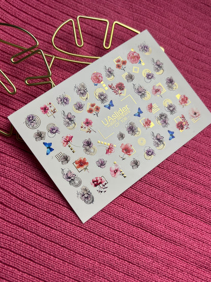 Nail Water Decal CF-106 | Floral Nail Stickers | Pink & Purple Flowers with Geometric Gold Accents and Butterflies
