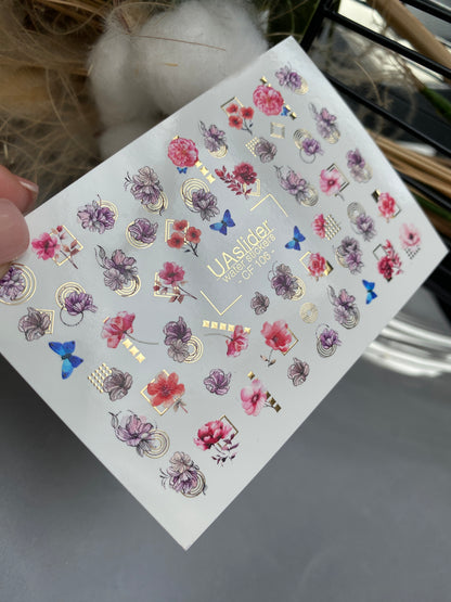 Nail Water Decal CF-106 | Floral Nail Stickers | Pink & Purple Flowers with Geometric Gold Accents and Butterflies