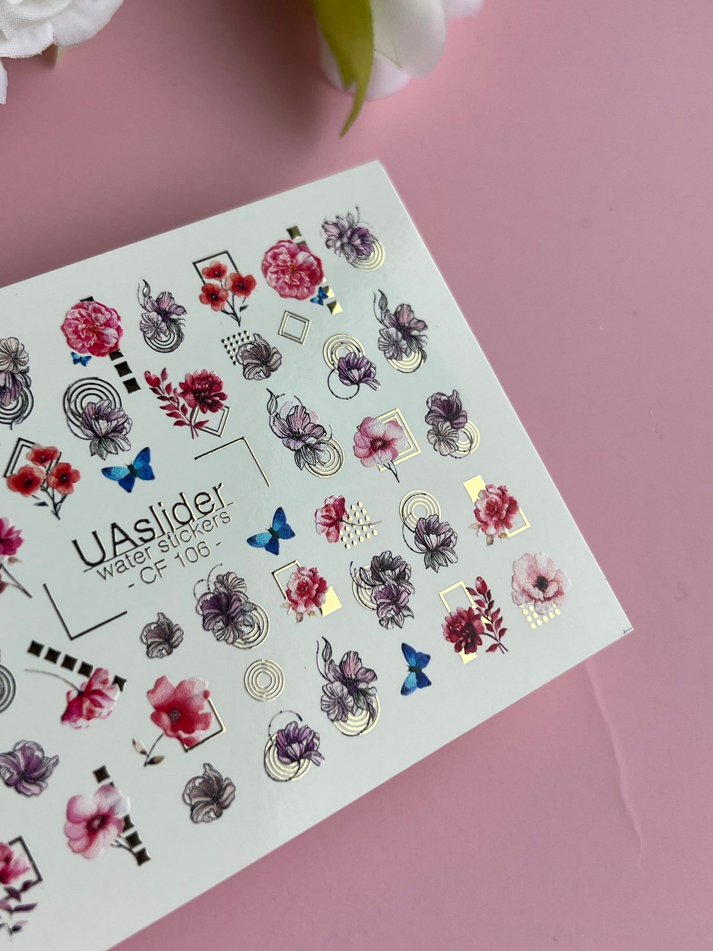Nail Water Decal CF-106 | Floral Nail Stickers | Pink & Purple Flowers with Geometric Gold Accents and Butterflies