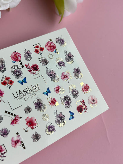Nail Water Decal CF-106 | Floral Nail Stickers | Pink & Purple Flowers with Geometric Gold Accents and Butterflies