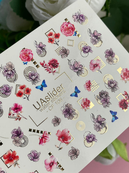 Nail Water Decal CF-106 | Floral Nail Stickers | Pink & Purple Flowers with Geometric Gold Accents and Butterflies