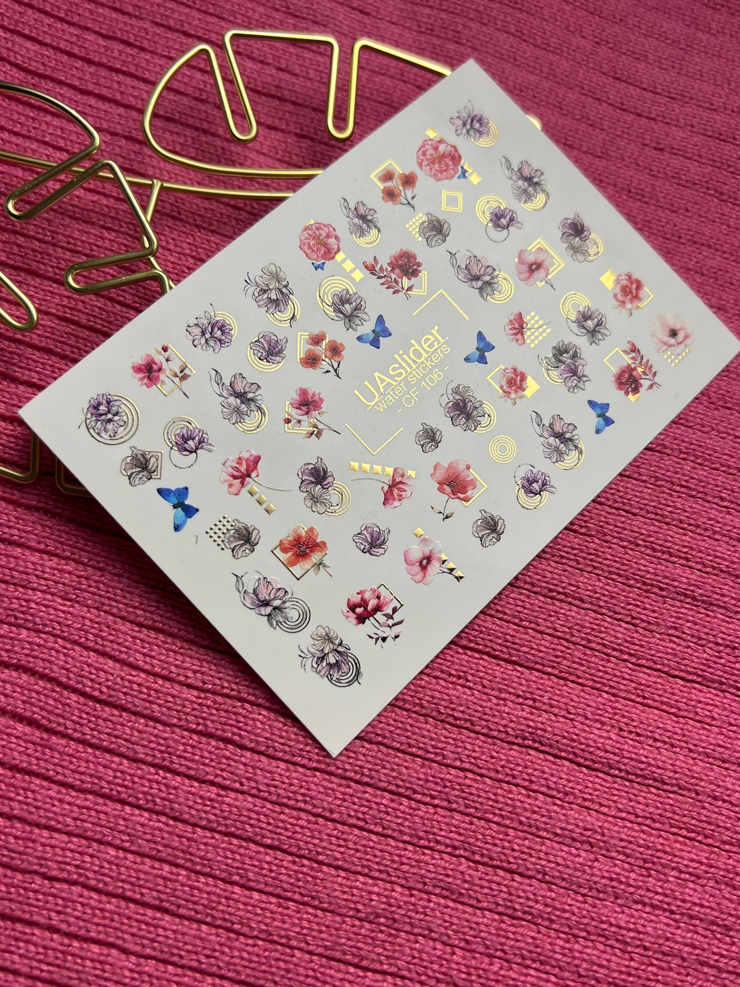 Nail Water Decal CF-106 | Floral Nail Stickers | Pink & Purple Flowers with Geometric Gold Accents and Butterflies