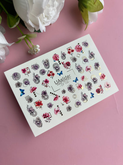 Nail Water Decal CF-106 | Floral Nail Stickers | Pink & Purple Flowers with Geometric Gold Accents and Butterflies