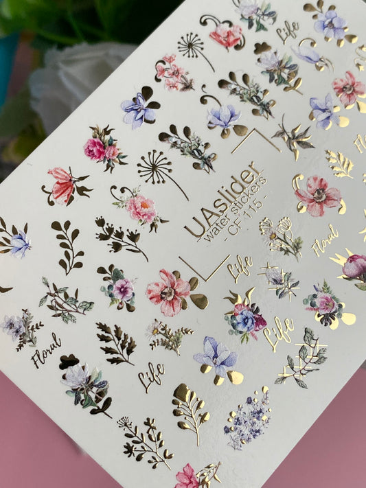 Nail Water Decal CF-115 | Floral Nail Stickers | Watercolor Flowers with Gold Details