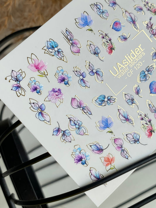 Nail Water Decal CF-120 | Nail Stickers | Watercolor Floral Petals in Blue & Purple Tones