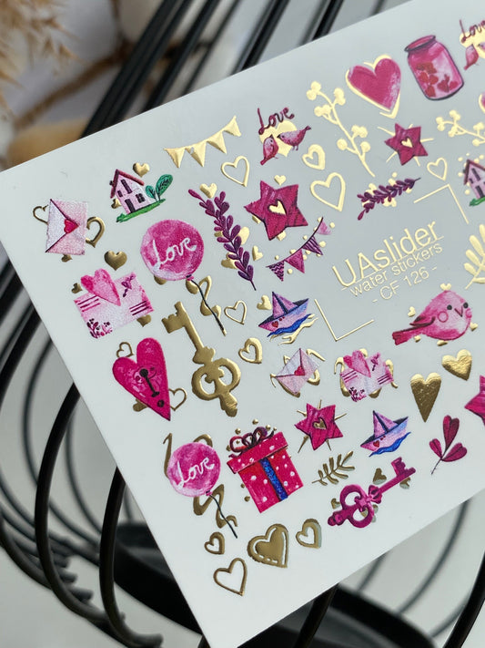 Nail Water Decal CF-126 | Nail Stickers | Love Theme with Hearts, Birds, Keys and Romantic Accents