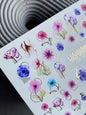Nagel Wasserabziehbild CF-127 | Florale Nagel Wasserabziehbilder | Rosa, Blaue & Lila Blumen mit Geometrischen Goldakzenten