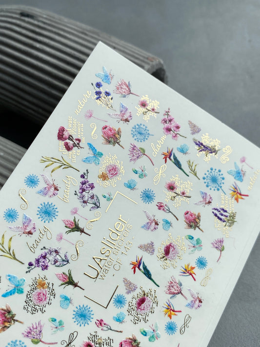 Nail Water Decal CF-143 | Nail Stickers | Colorful Flowers & Butterflies with Gold Inscriptions
