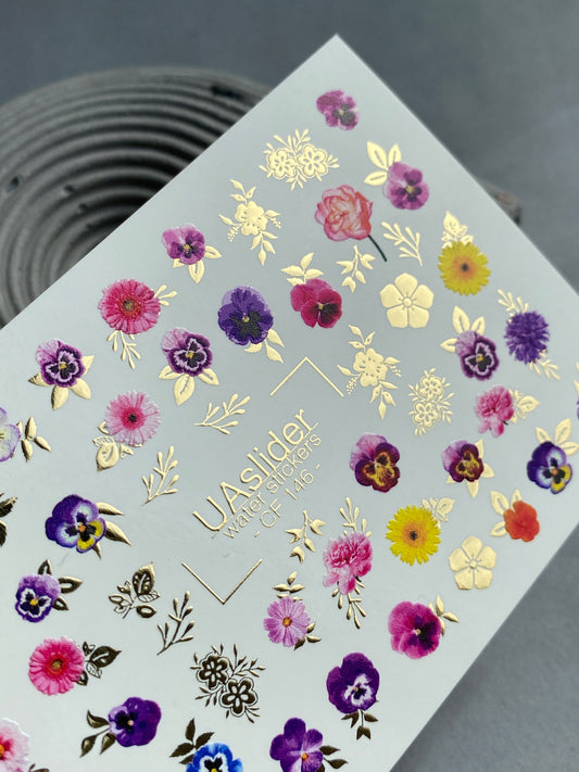 Nail Water Decal CF-146 | Nail Stickers | Colorful Flowers – Pansies, Daisies & Floral Accents with Gold