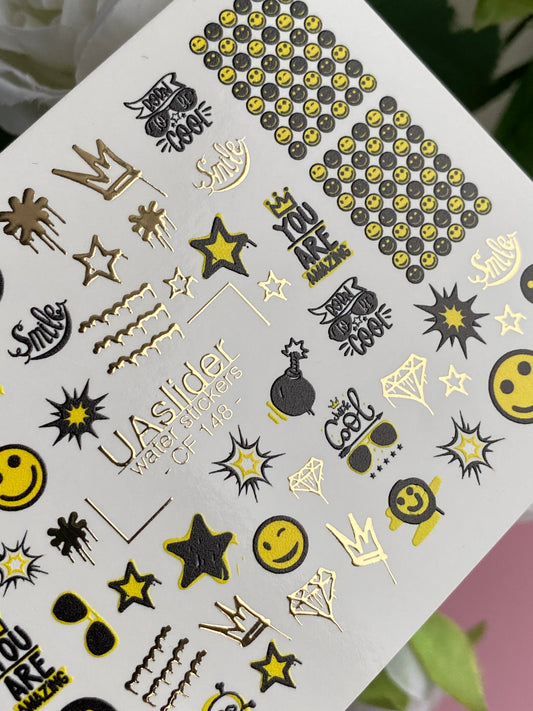 Nail Water Decal CF-148 | Nail Stickers | Black & Yellow Emojis – Graffiti Style with Crowns, Stars & Fun Symbols