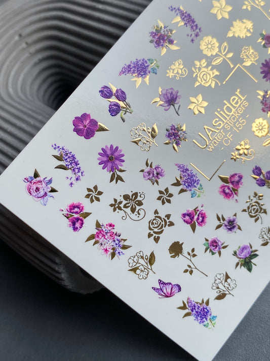 Nail Water Decal CF-155 | Nail Stickers | Purple and Lilac Flowers with Gold Accents