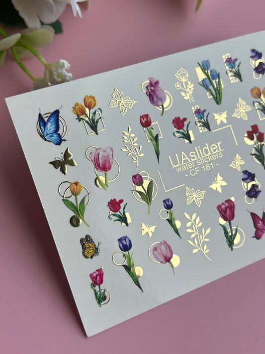 Nail Water Decal CF-161 | Nail Stickers | Tulips & Spring Flowers with Gold Accents