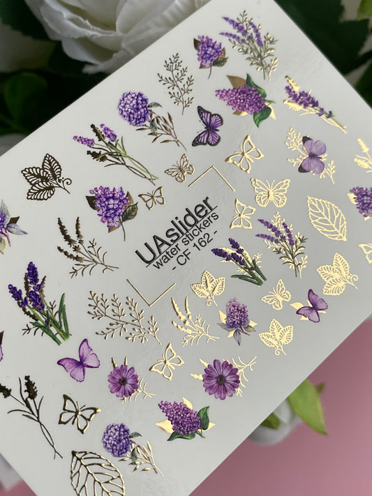 Nail Water Decal CF-162 | Nail Stickers | Purple Flowers & Butterflies with Gold Accents