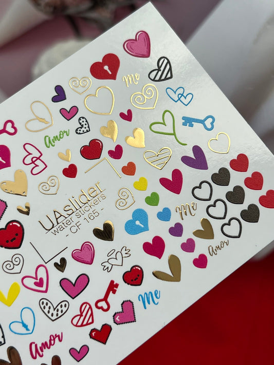Nail Water Decal CF-165 | Nail Stickers | Colorful Hearts & Love Elements for Romantic Nail Art
