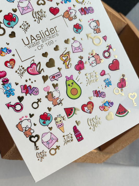 Nail Water Decal CF-169 | Nail Stickers | Cute Love Symbols, Bears & Avocados with Gold Details
