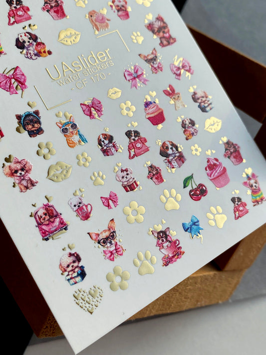 Nail Water Decal CF-170 | Nail Stickers | Cute Dogs & Puppies with Gold Details