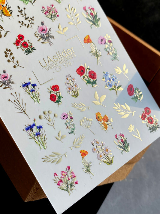 Nail Water Decal CF-178 | Nail Stickers | Field Flowers Water Decals with Golden Botanical Details