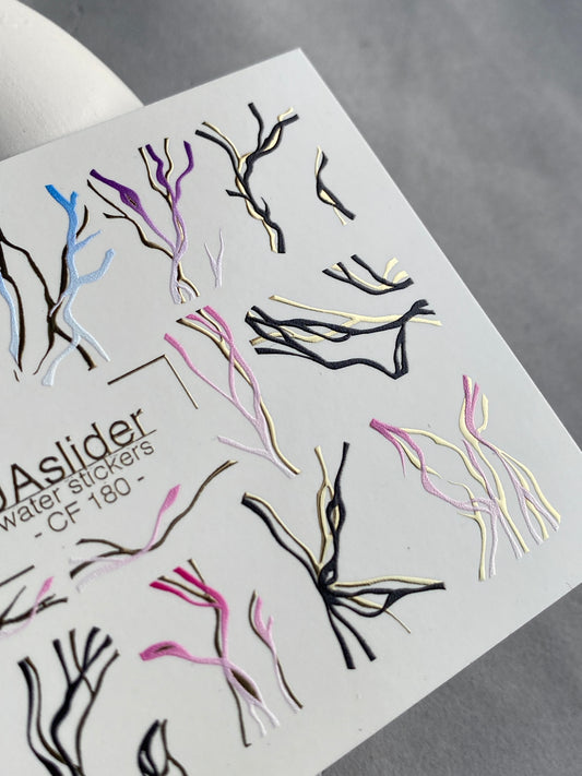 Nail Water Decal CF-180 | Nail Stickers | Abstract Branch-Inspired Water Decals with Golden Highlights
